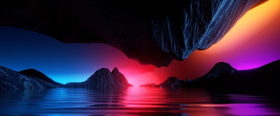 3d render, abstract panoramic background, surreal futuristic landscape with calm water, cliffs, rocks, mountains and dramatic red blue sky. Minimalist horizontal wallpaper
