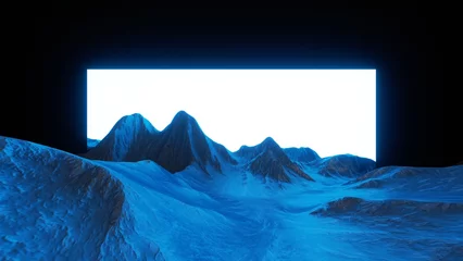 Fotobehang 3d render, abstract virtual landscape with blue rocks and mountains. Fantastic background © wacomka