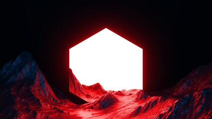 3d render, abstract background with surreal landscape. Geometric hexagonal shape portal and red rocky mountains. Fantastic wallpaper