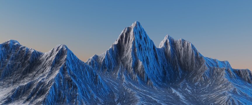 3d rendering, abstract blue background with rocky mountains. Simple landscape wallpaper