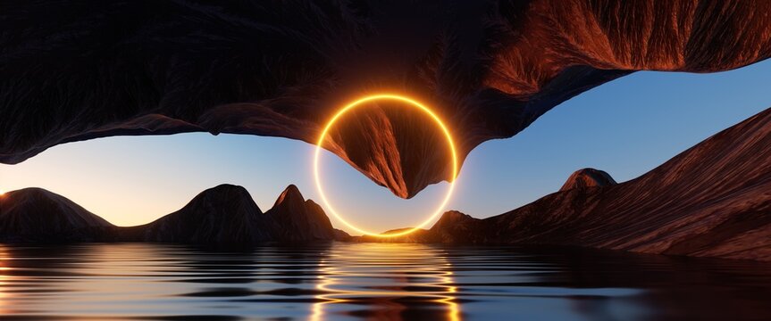 3d render, yellow neon ring glowing over the futuristic landscape with cliffs and water. Modern minimal abstract background. Spiritual zen wallpaper with sunset or sunrise light