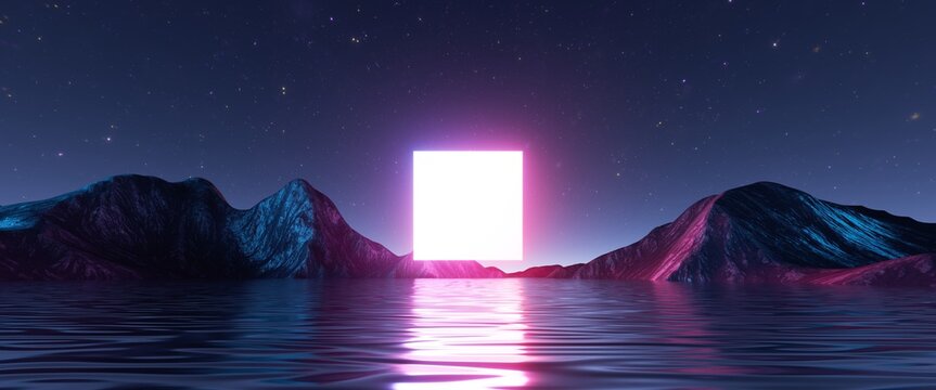 3d rendering, abstract background with landscape and square geometric shape glowing in the dark. Rocks and water under the starry night sky. Fantastic wallpaper