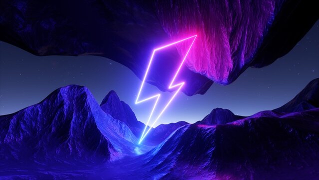 3d render. Abstract neon background. Fantastic landscape with glowing lightning symbol and rocky mountains