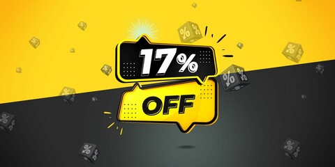 17% off limited special offer. Banner with seventeen percent discount on a  black and yellow background with yellow square and black. Illustration 3d