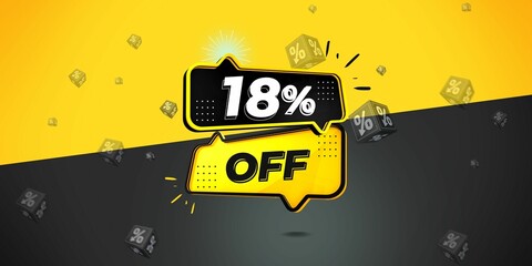 18% off limited special offer. Banner with eighteen percent discount on a  black and yellow background with yellow square and black. Illustration 3d