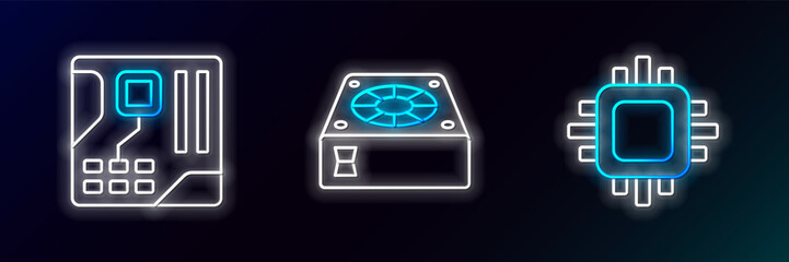 Set line Processor with CPU, Motherboard digital chip and Computer cooler icon. Glowing neon. Vector