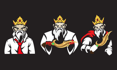 The Old King Character in various costumes uses a Kujang Weapon. Vector illustration