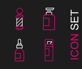 Set line Shaving gel foam, Oil bottle, Bottle of shampoo and Classic Barber shop pole icon. Vector