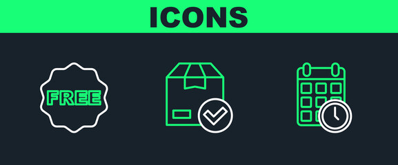 Set line Cardboard box with calendar, rice tag Free and ackage check mark icon. Vector