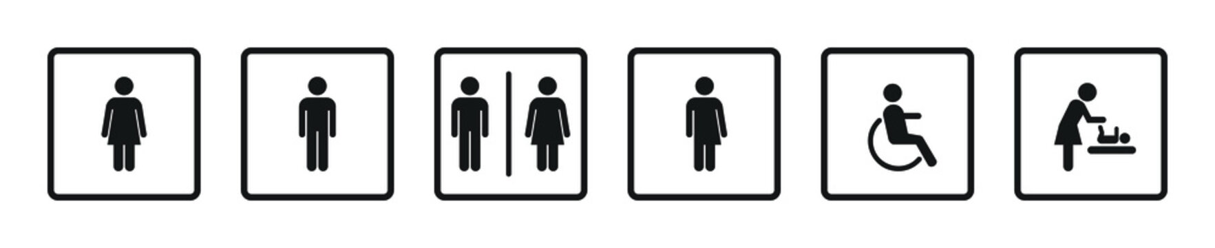 Toilet Icons Set. Male, Female, Unisex, Person With Disabilities And Mother With Child Symbols.