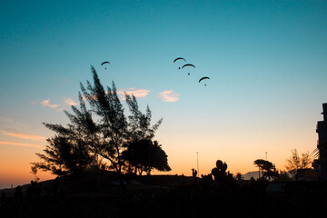 silhouette of people paragliding at the sunset