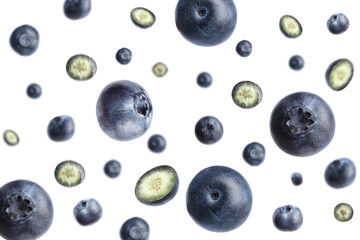 Tasty ripe blueberries flying on white background