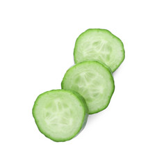 Fototapeta na wymiar Slices of fresh green cucumber isolated on white, top view