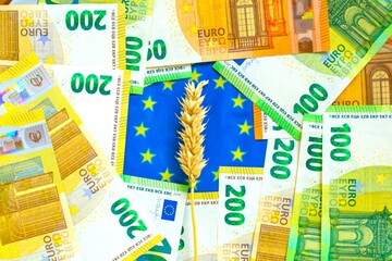 Buying wheat in the EU.Food Crisis in Europe. Euro bills and an ear of wheat on the flag of the European Union. Euro bills and Grains of wheat