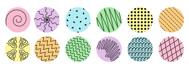 Trendy round with abstract black shapes inside set. Hand drawn modern doodle objects isolated on colorful background. Spots, waves, hearts, grid, spiral, drops, curves, lines. Vector illustration