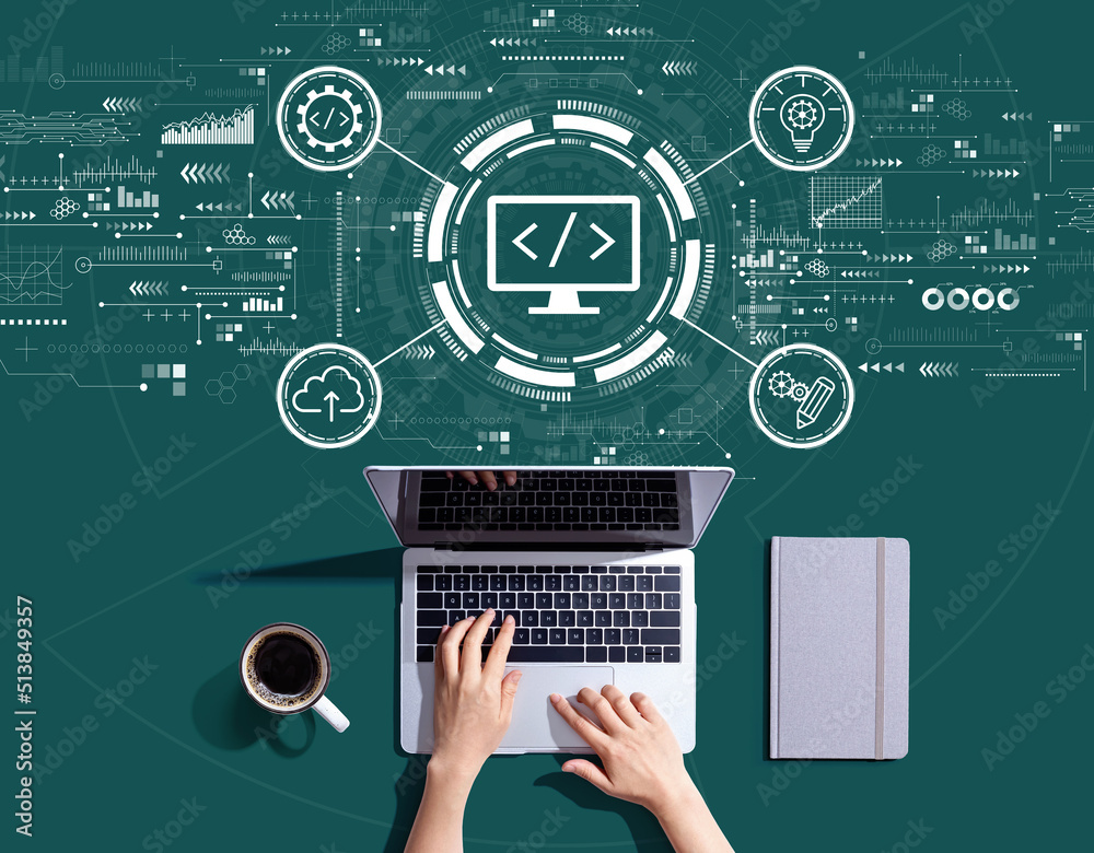Poster web development concept with person using a laptop computer