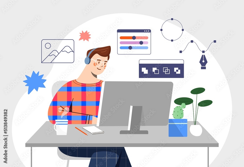 Fototapete creator work at home. remote employee or freelancer at computer. graphic designer creates elements f