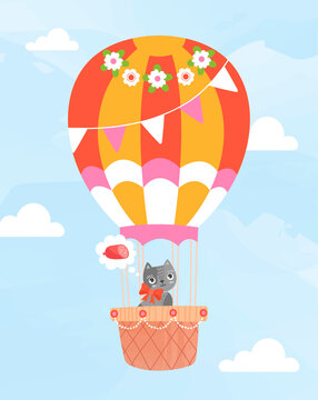 Cat on air balloon. Fictional character for kids travels in clouds and sky. Greeting or invitation postcard design. Travel and adventure. Kitten dreams of sausage. Cartoon flat vector illustration