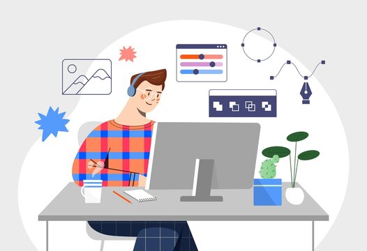 Creator work at home. Remote employee or freelancer at computer. Graphic designer creates elements for website or interface for mobile programs and applications. Cartoon flat vector illustration