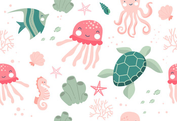 Sea life seamless pattern. Repeating image with animals of underwater world for printing on childrens bedding. Turtle, octopus and squid, seahorse and starfish. Cartoon flat vector illustration