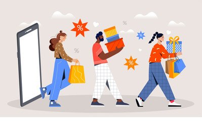 Online shopping concept. Men and girls with boxes at smartphone. Cashless transfer and payment. Advertising poster or banner for website, discounts and promotions. Cartoon flat vector illustration