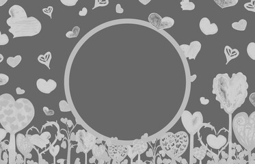 Watercolor template gray hearts and a frame on a black background for your design, hand drawn illustration