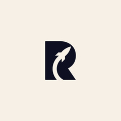 letter R monogram with a flying rocket ship silhouette icon.