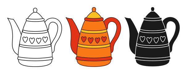 Tea kettle icon line set. Doodle cartoon style or stamp simple contour drink sign, retro rustic kitchenware. Kettle symbol outline vector for game, web design or app, ui logo drawn