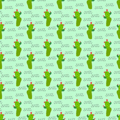 Pattern with green cacti. Vector illustration. For covers and brochures, prints for children, interiors, packaging and fabrics.