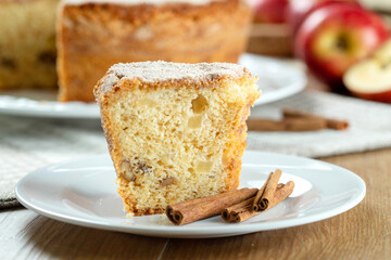 Close up piece of Sponge cake or chiffon cake with apples so soft and delicious sliced ​​with...
