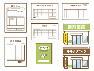 処方箋、領収書、明細書、お薬手帳、薬局、クリニックのイラスト