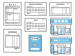 処方箋、領収書、明細書、お薬手帳、薬局、クリニックのイラスト