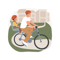 Cycling with kids isolated cartoon vector illustration. Father cycling with kid, biking with child to kindergarten, toddler sitting in a bike seat, early childhood, lifestyle vector cartoon.