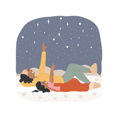 Watch the stars isolated cartoon vector illustration. Happy family lying on the ground, watch the night sky, kids pointing finger up, recognize constellation, summer holiday vector cartoon.