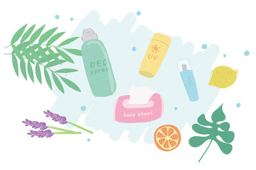 夏のイメージ　化粧品アイテムセット イラスト