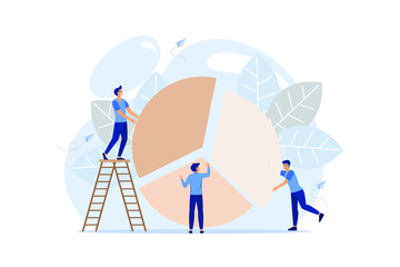 financial management concept, statistics and business report, small people like jigsaw puzzles puzzles collect infographics vector. flat design modern illustration