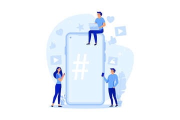 phone with hashtag sign, people and social networks. flat design modern illustration