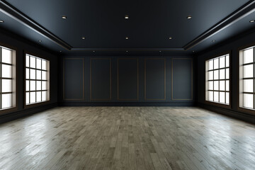 Empty room with black wall background wooden floor, Living room - 3D Rendering