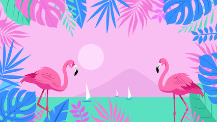 Naklejka premium Summer concept background with flamingo and natural leaf vector illustration