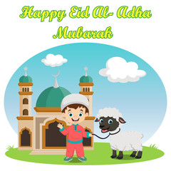 Cute cartoon muslim boy celebrating Eid al Adha with sheep on mosque background