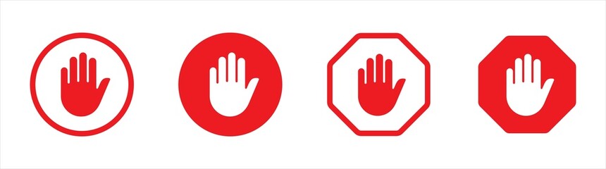 Fototapeta premium Red stop sign with hand or palm flat icon for apps and websites.