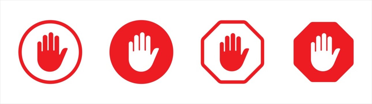 Red stop sign with hand or palm flat icon for apps and websites.