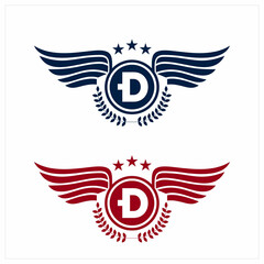D initials logo in badge star wing shape illustration