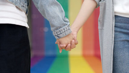 Closeup young adult queer transgender lover asia two people hold hand with colorful stripes flag....