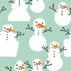 Winter seamless print with snowman and snowflakes for Christmas wrapping paper and fabrics and kids