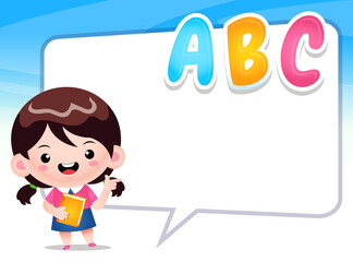 Cute Girl  Student Pointing Away Big Speech Bubble
