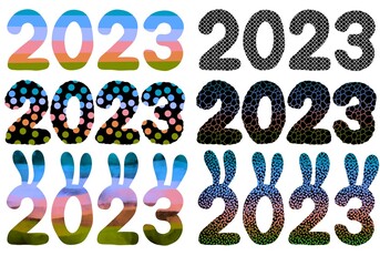 Set with 2023 rabbit numbers for new year gifts and stickers and notebooks and hobbies and holidays