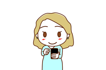 （上半身正面）スマホの画面を見て操作し、笑顔になる白人女性