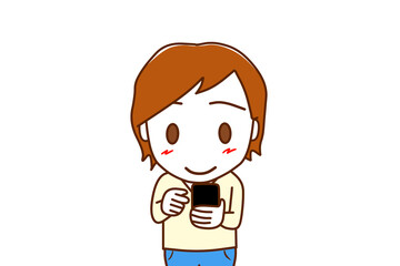 （上半身正面）スマホの画面を見て操作し、笑顔になる白人男性