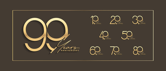 set of anniversary premium golden color on brown background for special celebration - obrazy, fototapety, plakaty